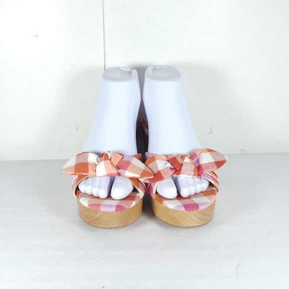 J. Crew Women's US7,5 Multicolor Plaid Printed Bow Wooden Heels Mules Sandals Nw - Picture 3 of 14